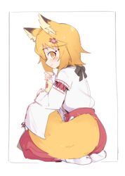  absurdres animal_ears blonde_hair eds female fox_ears fox_girl fox_tail hakama hakama_skirt highres japanese_clothes kimono miko oerba_yun_fang seiza senko_(sewayaki_kitsune_no_senko-san) sewayaki_kitsune_no_senko-san short_hair sitting skin_fang skirt solo tail yellow_eyes 