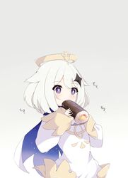  blush commentary_request dress eating female food fuuna genshin_impact grey_background halo hands_up highres holding holding_food long_sleeves looking_away paimon_(genshin_impact) purple_eyes romper setsubun simple_background solo white_dress white_hair white_romper wide_sleeves 