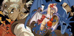  1boy armpits bat_wings belt buront character_request chiaki_rakutarou dragon dragon_quest earrings fangs female hat highres holding jewelry mob_cap open_mouth parody pointy_ears red_eyes remilia_scarlet sharp_teeth shield slime_(dragon_quest) style_parody sword teeth toriyama_akira_(style) touhou weapon wings 