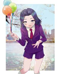  absurdres black_eyes black_hair blurry blurry_background branch collared_shirt corette female flat_chest highres jacket kujou_subaru leaning_forward necktie open_mouth parted_hair photo_background purple_jacket purple_shorts red_necktie sakura_taisen sakura_taisen_v shirt shorts smile solo white_shirt 