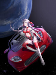  boots breasts car cleavage clothing_cutout commentary_request convertible earth_(planet) female gloves grey_eyes grey_hair hi_fumiyo highres leotard long_hair looking_at_viewer medium_breasts motor_vehicle open_hand open_mouth original personification planet red_gloves red_leotard red_thighhighs signature solo space sports_car star_(sky) stomach_cutout tesla_(company) tesla_roadster thighhighs vehicle_and_personification very_long_hair white_footwear 