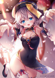  :d armpits arms_up bare_shoulders black_dress black_footwear black_headwear blue_eyes breasts cleavage_cutout clothing_cutout covered_navel detached_sleeves dress female frills gold_trim grey_hair groin halloween jiangshi leg_up long_hair long_sleeves looking_at_viewer mitsuba_choco no_panties ofuda open_mouth original pelvic_curtain reaching reaching_towards_viewer shoes small_breasts smile solo thighhighs thighs white_thighhighs wide_sleeves 