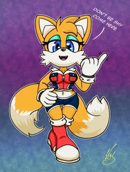  2021 3:4 anthro barely_sly blue_eyes boots breasts canid canine clothing dialogue dipstick_tail english_text eyeshadow female footwear fox fur gloves handwear hi_res looking_at_viewer makeup mammal markings mtf_crossgender open_mouth rule_63 sega signature simple_background solo sonic_the_hedgehog_(series) tail tail_markings tails text white_body white_fur yellow_body yellow_fur 