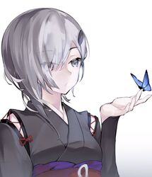  asymmetrical_hair blue_butterfly bug butterfly butterfly_on_hand closed_mouth copyright_request female grey_eyes grey_hair grey_kimono hand_up highres japanese_clothes kimono long_sleeves medium_hair neko_(ganecooo) obi red_sash sash simple_background solo white_background 