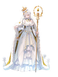  bare_shoulders braid breasts cape chess_piece cleavage clenched_teeth crown dress female fingernails full_body fur-trimmed_cape fur_trim grimlight hand_up highres holding holding_staff huwari_(dnwls3010) large_breasts long_fingernails long_hair off-shoulder_dress off_shoulder official_art one_eye_closed pawn_(chess) sharp_fingernails simple_background smile solo staff teeth white_background white_dress white_hair white_queen_(grimlight) yellow_eyes 