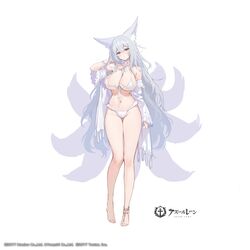  absurdres animal_ear_fluff animal_ears azur_lane bare_shoulders barefoot bikini blush breasts cleavage commentary_request company_name copyright_name female fox_ears fox_girl fox_tail full_body hand_up highres large_breasts logo long_hair long_sleeves looking_at_viewer multiple_tails navel off_shoulder official_art purple_eyes second-party_source shinano_(azur_lane) shinano_(dreamy_white_sands)_(azur_lane) soaryuna standing stomach swimsuit tail thighs toes white_background white_bikini 