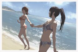  2girls :d alternate_costume bare_arms bare_shoulders barefoot beach bikini black_hair blue_sky border breasts brown_eyes brown_hair cloud day frilled_bikini frills hibike!_euphonium high_ponytail highres holding_hands horizon kousaka_reina long_hair looking_at_another low_ponytail multiple_girls navel ocean open_mouth oumae_kumiko outdoors outside_border pink_bikini psylduck purple_bikini shore sky small_breasts smile standing stomach swimsuit water white_border 