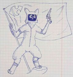  ambiguous_gender android angry_gonk anthro bandana bellabot clothing domestic_cat felid feline felinid felis flag flag_(object) gun handgun kerchief kerfus machine mammal overalls pudu_robotics ranged_weapon revolver robot traditional_media_(artwork) weapon 