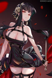  black_dress black_gloves black_hair black_thighhighs blush breasts cleavage closed_mouth covered_navel cowboy_shot dagger dress dual_wielding earrings expressionless female fingerless_gloves floating_hair gloves gold_earrings gold_hairband gradient_background hair_ornament hairband holding holding_dagger holding_knife holding_weapon hong_(white_spider) jewelry knife large_breasts long_hair multi-strapped_dress patreon_username petals red_eyes sidelocks signature sleeveless sleeveless_dress solo spy_x_family thighhighs thighs two-sided_dress two-sided_fabric weapon yor_briar 