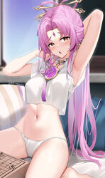  arm_up armpits bare_arms breasts commentary crop_top english_commentary female forehead_jewel fu_xuan_(honkai:_star_rail) hair_ornament hair_rings hair_stick highres honkai:_star_rail honkai_(series) long_hair looking_at_viewer medium_breasts midriff navel no_pants open_mouth panties pink_hair shirt sitting skai_kun solo stomach thighs underwear very_long_hair wariza white_panties white_shirt xiangqi yellow_eyes 