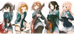  5girls :d absurdres akiyama_mio band bangs_pinned_back bass_guitar between_legs black_eyes black_hair black_jacket black_pantyhose blazer blonde_hair blue_eyes blue_jacket blush breasts brown_eyes brown_hair buttoned_cuffs buttons cable collared_shirt commentary drum drum_set drumsticks electric_guitar fender_jazz_bass fender_mustang floating_hair forehead gibson_les_paul grey_skirt grin guitar hair_between_eyes hair_ornament hairclip hand_up highres hirasawa_yui holding holding_drumsticks holding_instrument instrument jacket k-on! keyboard_(instrument) kotobuki_tsumugi left-handed long_hair long_sleeves looking_at_viewer medium_breasts miniskirt mouth_hold multiple_boys multiple_girls nakano_azusa one_eye_closed open_clothes open_jacket open_mouth pantyhose pleated_skirt plectrum plectrum_in_mouth pro-p sakuragaoka_high_school_uniform school_uniform shirt short_hair sidelocks simple_background sitting skirt small_breasts smile strap tainaka_ritsu thick_eyebrows thighs twintails undershirt white_background white_shirt wing_collar winter_uniform 