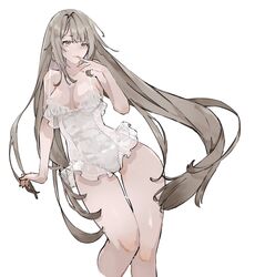  breasts brown_eyes brown_hair closed_mouth contrapposto female frilled_leotard frills hand_up highres large_breasts leotard long_hair looking_at_viewer neko_(ganecooo) original simple_background solo thigh_gap very_long_hair white_background white_leotard 