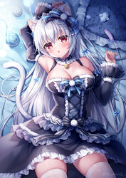  animal_ear_fluff animal_ears armpits bare_shoulders black_dress bow breasts cat_ears cat_girl cat_tail cleavage detached_sleeves dress female frilled_dress frills hairbow highres juliet_sleeves long_hair long_sleeves looking_at_viewer lying mitsuba_choco on_back original parted_lips puffy_sleeves red_eyes solo tail thighhighs very_long_hair white_hair white_thighhighs yarn yarn_ball zettai_ryouiki 