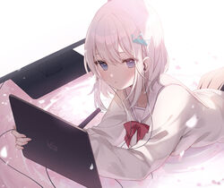  a20_(atsumaru) absurdres breasts collarbone commentary_request female hair_between_eyes hair_ornament headphones highres holding holding_pen holding_tablet_pc huion long_sleeves looking_at_viewer lying medium_breasts on_stomach original pen pleated_skirt shirt short_hair skirt solo tablet_pc television white_hair white_shirt 