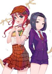  2girls absurdres black_eyes black_hair blue_eyes box corette freckles gemini_sunrise gift highres holding holding_box jacket kujou_subaru multiple_girls necktie orange_headwear orange_skirt plaid plaid_headwear plaid_skirt purple_jacket purple_shorts red_hair red_necktie ribbon sakura_taisen sakura_taisen_v shirt shorts skirt smile white_shirt yellow_ribbon 