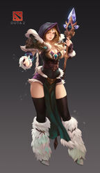  absurdres arm_guards armor black_thighhighs blonde_hair blue_cape blue_dress blue_eyes blue_hood boots breasts cape cleavage coat copyright_name crystal_maiden dota_(series) dota_2 dress english_commentary female forehead_jewel full_body fur_boots fur_coat fur_dress highres holding holding_staff lips logo long_hair lonwa_a looking_at_viewer nail_polish pauldrons pelvic_curtain purple_nails shoulder_armor signature solo staff thighhighs white_footwear 