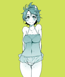  arms_behind_back blush bra breasts cleavage covered_navel cropped_legs embarrassed female green_background hair_between_eyes lingerie monochrome panties ramy_amasaki solo super_robot_wars super_robot_wars_t sweat tied_hair uchiuchi_keyaki underwear underwear_only 