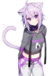  :3 ahoge animal_ears cat_ears cat_girl cat_tail collar female highres hololive hood hoodie midriff navel nekomata_okayu nekomata_okayu_(1st_costume) pants purple_eyes purple_hair solo tail virtual_youtuber white_background yuura 