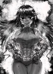  abs armlet bandaged_arm bandages belt breasts curvy denim explosion female fire glowing glowing_eyes greyscale hand_wraps hands_on_own_hips highleg highleg_leotard highres jeans large_breasts leotard leotard_under_clothes long_hair looking_at_viewer monochrome multiple_scars muscular muscular_female narrow_waist pants photoshop_(medium) ramia-yana ramia_(ramia-yana) scar scar_on_cheek scar_on_face scar_on_nose skin_tight sleeveless smoke solo the_golden_smurf thick_thighs thighs veins wide_hips 