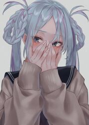  bad_id bad_twitter_id banana_oekaki blush braid covering_face female grey_hair highres looking_away school_uniform solo stitched_face stitches upper_body urasekai_picnic urumi_luna 