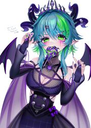  absurdres apricot_the_lich apricot_the_lich_(1st_costume) aqua_hair black_dress blush breasts candy character_name claw_pose cleavage cleavage_cutout clothing_cutout commission corset demon_wings dress earrings english_commentary female fingernails food green_eyes green_hair highres horns in_mouth jewelry lollipop medium_breasts multicolored_hair multiple_horns neko_neko_ne_katta pointy_ears purple_nails second-party_source sharp_fingernails short_hair short_hair_with_long_locks skeb_commission skull solo streaked_hair sword_earrings tiara virtual_youtuber vshojo white_background wings 