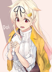  alternate_costume black_ribbon blonde_hair coat coat_on_shoulders collared_shirt female food gradient_hair hair_flaps hair_ornament hair_ribbon hairclip highres holding holding_food kantai_collection long_hair minosu multicolored_hair pink_hair poi red_eyes ribbon shirt solo white_shirt yellow_coat yuudachi_(kancolle) yuudachi_kai_ni_(kancolle) 