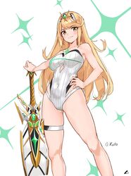  aegis_sword_(xenoblade) bare_arms bare_legs blonde_hair breasts chest_jewel covered_navel cutout_above_navel feet_out_of_frame female hand_on_own_hip highres large_breasts long_hair mythra_(radiant_beach)_(xenoblade) mythra_(xenoblade) oliver_koito one-piece_swimsuit skindentation smile solo strapless strapless_one-piece_swimsuit swept_bangs swimsuit sword thigh_strap tiara very_long_hair weapon white_background white_one-piece_swimsuit xenoblade_chronicles_(series) xenoblade_chronicles_2 