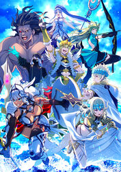  4boys 4girls abs abs_cutout absurdres ahoge animal_ears arm_up armlet armor armpits asclepius_(fate) asymmetrical_gloves atalanta_(fate) backless_outfit bare_shoulders bikini black_bikini black_gloves black_hair black_jacket black_sclera black_shirt blonde_hair blue_eyes blue_gloves bodice body_markings boots bow_(weapon) bracelet bracer braid breasts brother_and_sister caenis_(fate) castor_(fate) cat_ears cat_tail cleavage closed_mouth collar colored_sclera crown dark-skinned_male dark_skin detached_sleeves diadem doctor dress dynamic_pose earrings fate/grand_order fate_(series) fighting_stance fingerless_gloves floating full_body gauntlets gloves glowing gradient_hair green_eyes green_hair grey_hair grin hair_between_eyes hair_intakes hair_ornament hairband hand_on_own_hip heracles_(fate) heterochromia highres holding hood hood_up hooded_jacket jacket jason_(fate) jewelry lance large_breasts leg_armor light long_hair long_sleeves looking_at_viewer looking_back looking_to_the_side magical_girl mask medea_(lily)_(fate) medium_hair meiji_ken metal_collar mismatched_gloves multicolored_hair multiple_boys multiple_girls muscular muscular_male necklace oerba_yun_fang open_hands open_mouth pauldrons pectorals pointing pointing_up pointy_ears polearm pollux_(fate) ponytail red_eyes revealing_clothes robe sandals shadow shield shirt short_hair shoulder_armor siblings skirt sky small_breasts smile star_(sky) strapless strapless_dress swimsuit sword tail tattoo teeth thigh_boots thighhighs tied_hair twins two-tone_hair upper_body vambraces very_long_hair weapon white_hair white_robe 