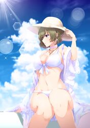  :o bare_legs bikini blue_eyes blue_sky blush breasts choker cleavage cloud collarbone earrings female floral_print front-tie_bikini_top front-tie_top green_hair hat highres idolmaster idolmaster_cinderella_girls jewelry looking_to_the_side medium_breasts mole mole_under_eye navel necklace open_mouth outdoors robe ryuu. see-through short_hair sitting sky solo sun_hat sunlight swimsuit takagaki_kaede white_bikini white_choker 