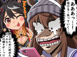  2girls animal_ears beanie black_hair breasts brown_hair cellphone cleavage cleavage_cutout clothing_cutout ears_through_headwear fukumoto_nobuyuki_(style) hair_between_eyes hat highres holding holding_phone horse_ears horse_girl itou_kaiji kaiji kitasan_black_(umamusume) multicolored_hair multiple_girls nakayama_festa_(umamusume) parody phone purple_eyes scene_reference sidelocks smartphone style_parody tearing_up tehepero thought_bubble tongue tongue_out trait_connection translated two-tone_hair umamusume umuamu white_hair 