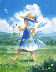  barefoot blue_dress blue_hair blue_ribbon brown_hat cirno cloud cloudy_sky commentary day dress female field fjsmu flat_chest flower from_side full_body grass hat hat_ribbon highres ice ice_wings outdoors periwinkle_(flower) pinafore_dress pink_flower plant profile ribbon sky sleeveless sleeveless_dress solo sun_hat sunflower tanned_cirno touhou vines walking wings yellow_flower 