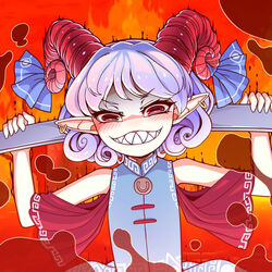  bare_arms bare_shoulders blue_bow blue_dress bow curled_horns curly_hair dress earrings female grin hands_up horizontal_pupils horn_bow horn_ornament horns jewelry looking_at_viewer meandros medium_hair no_nose pointy_ears purple_hair red_background red_eyes sharp_teeth sleeveless sleeveless_dress smile solo teeth touhou toutetsu_yuuma upper_body weapon_behind_back yassy 