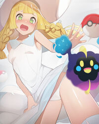  blonde_hair blunt_bangs blush braid breasts collared_dress commentary cosmog crying dress female from_below green_eyes hat lillie_(pokemon) long_hair looking_down md5_mismatch open_mouth panties poke_ball poke_ball_(basic) pokemon pokemon_(creature) pokemon_sm resolution_mismatch shiny_skin sleeveless sleeveless_dress source_smaller sun_hat sundress tears tongue tostos twin_braids underwear white_dress white_panties 