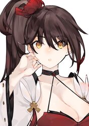  :o azur_lane black_choker breasts brown_hair choker cleavage detached_sleeves dress female flower hair_flower hair_ornament hand_up highres long_sleeves looking_at_viewer neko_(ganecooo) one_side_up parted_lips red_dress simple_background solo upper_body white_background wide-eyed yellow_eyes zuikaku_(azur_lane) 