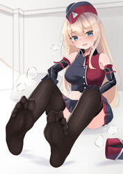  absurdres black_gloves blonde_hair blue_eyes blush breasts brown_thighhighs collared_shirt commission convenient_leg cropped_shirt elbow_gloves f2000_(girls&#039;_frontline) feet female foot_focus full_body girls&#039;_frontline gloves grey_background grey_headwear grey_shirt hair_between_eyes hands_on_own_knees highres impossible_clothes impossible_shirt indoors knees_up large_breasts legs looking_at_viewer lts_kakuyo midriff military military_uniform miniskirt mole mole_on_leg no_shoes pixiv_commission pleated_skirt red_headwear red_shirt shirt shoes sidelocks sitting skirt sleeveless sleeveless_shirt soles solo spread_toes sweatdrop thighhighs toenails toes two-tone_shirt uniform unworn_shoes 