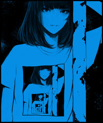  arm_up black_background black_border blue_theme blunt_bangs bob_cut border commentary english_commentary female looking_at_viewer monochrome no_nose original parted_lips recursion shirt short_hair smile solo upper_body wataboku 