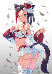  absurdres animal_ears arpeggio_kaga ass bandeau bare_shoulders black_hair braid breasts cat_ears cat_girl cat_tail choker commission cowboy_shot crop_top detached_sleeves facial_mark female final_fantasy final_fantasy_xiv from_behind gradient_hair green_eyes hat highres long_sleeves looking_at_viewer looking_back marie_makise medium_breasts midriff miniskirt miqo&#039;te multicolored_hair original panties pleated_skirt short_hair skeb_commission skirt solo standing strapless tail thighhighs thighs top_hat tube_top twisted_torso underwear warrior_of_light_(ff14) white_panties white_skirt white_thighhighs wide_sleeves 