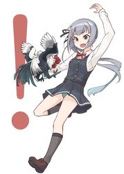  ! bird black_socks brown_eyes chicken commentary_request dress female green_panties grey_hair highres kantai_collection kasumi_(kancolle) kasumi_kai_ni_(kancolle) kneehighs long_hair long_sleeves male_chicken minosu panties pantyshot pinafore_dress red_ribbon ribbon school_uniform shirt side_ponytail simple_background sleeveless sleeveless_dress socks underwear white_background white_shirt 