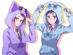  2girls animal_ears arm_up arms_up bangs black_neckwear blue_bow blue_eyes blue_hair blue_ribbon blush bow bunny_ears cat_ears closed_mouth collared_shirt cosplay davi_(dokidoki!_precure) davi_(dokidoki!_precure)_(cosplay) dokidoki!_precure embarrassed fake_animal_ears hand_in_pocket hishikawa_rikka hood hooded_sweater kenzaki_makoto kigurumi long_hair looking_at_viewer multiple_girls neck_ribbon necktie negom precure purple_eyes purple_hair purple_sweater rakeru_(dokidoki!_precure) rakeru_(dokidoki!_precure)_(cosplay) ribbon shirt short_hair simple_background standing sweater swept_bangs upper_body white_background white_shirt wing_collar 