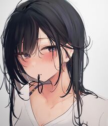  bad_id bad_twitter_id black_hair blush bra_strap close-up collarbone commentary_request female hair_tie_in_mouth highres looking_at_viewer mouth_hold nekomugiharu original portrait purple_eyes satou_mei shirt simple_background solo sweatdrop white_shirt 