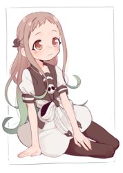  absurdres brown_eyes eds female gradient_hair green_hair highres jibaku_shounen_hanako-kun light_brown_hair multicolored_hair school_uniform sitting solo two-tone_hair white_background yashiro_nene yokozuwari 