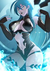  ass_visible_through_thighs black_gloves black_lips blue_eyes blue_hair blue_nails breasts cleavage cleavage_cutout clothing_cutout cosplay elbow_gloves female fingerless_gloves fire_emblem fire_emblem:_three_houses from_below gloves glowing hands_up highres hip_vent ihsnet kronya_(fire_emblem) kronya_(fire_emblem)_(cosplay) lips lipstick long_hair looking_at_viewer makeup medium_breasts midriff nail_polish navel no_pupils solo stomach_cutout thighs underboob very_long_hair vivy vivy:_fluorite_eye&#039;s_song 