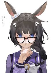  adjusting_eyewear animal_ears black-framed_eyewear blue_eyes bow bowtie braid brown_hair completion_time crown_braid ear_ornament female glasses highres horse_ears long_hair long_sleeves looking_at_viewer neko_(ganecooo) purple_sailor_collar purple_shirt sailor_collar school_uniform serafuku shirt side_braid simple_background solo umamusume upper_body white_background white_bow white_bowtie wide-eyed zenno_rob_roy_(umamusume) 