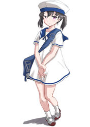  bag black_hair blue_sailor_collar collar commentary_request dress female fuji_(pixiv24804665) full_body hat highres kantai_collection purple_eyes sailor_collar sailor_dress sailor_hat shoes short_hair short_sleeves shounan_(kancolle) socks solo standing twintails uwabaki white_background white_dress white_hat white_socks 