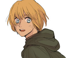  1boy armin_arlert battle_damage blonde_hair blue_eyes brown_jacket cape capelet happy highres hood hooded_cape hooded_capelet jacket long_sleeves looking_at_viewer looking_back male_focus military military_uniform open_mouth paradis_military_uniform shingeki_no_kyojin short_hair simple_background smile solo uniform white_background yandou141 