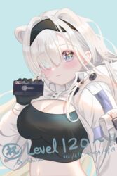  absurdres animal_ears arknights aurora_(arknights) aurora_(elite_ii)_(arknights) bear_ears black_gloves black_hairband black_shirt blue_background blue_eyes blush breasts commentary_request crop_top female gloves hair_over_one_eye hairband hand_up head_tilt highres holding large_breasts long_hair looking_at_viewer midriff navel shaxiao shirt shrug_(clothing) smile solo stomach upper_body very_long_hair white_hair 