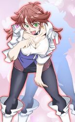  bent_over boots breasts cleavage_cutout clothing_cutout collarbone female green_eyes hair_between_eyes holding holding_clothes holding_shirt jacket large_breasts long_hair oerba_yun_fang onnaski open_mouth pantyhose red_hair sakurai_sagiri shirt solo super_robot_wars super_robot_wars_t white_footwear white_jacket 