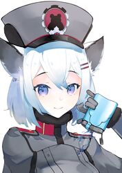  animal_ears blue_archive blue_hair canteen closed_mouth female gloves grey_gloves grey_jacket hat highres holding jacket long_sleeves looking_at_viewer medium_hair neko_(ganecooo) peaked_cap purple_eyes shigure_(blue_archive) simple_background smile solo white_background 