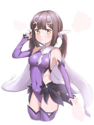  absurdres arm_up bad_id bad_pixiv_id black_hair breasts brown_eyes cape covered_navel cream_usagi detached_sleeves fate/kaleid_liner_prisma_illya fate_(series) female hair_ornament hairclip highres korean_commentary leotard long_hair magical_girl miyu_edelfelt purple_leotard purple_sleeves purple_thighhighs simple_background solo thighhighs thighs twintails white_background white_cape 