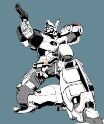  aiming assault_visor av-98_ingram blue_background gun handgun holding holding_gun holding_weapon kidou_keisatsu_patlabor mecha no_humans on_one_knee police revolver robot science_fiction solo weapon yamada_yuuji 